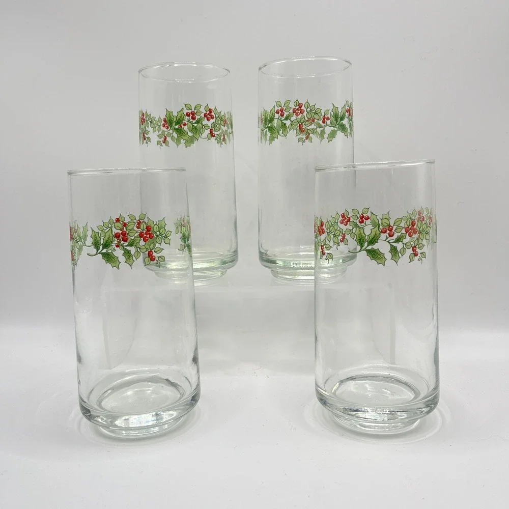 Gibson Christmas Charm Holly Berry Highball Glasses Set of 4 Holiday Tumblers